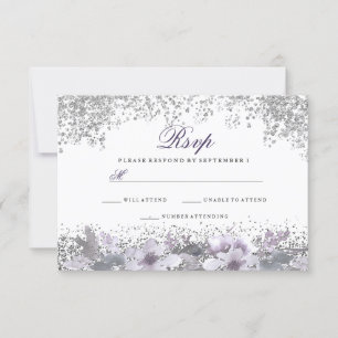 Silver Glitter Floral Purple Wedding RSVP Card