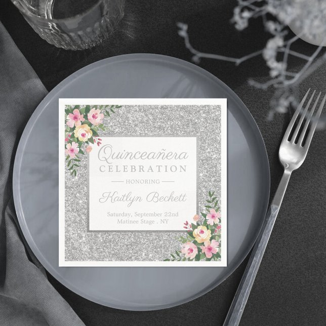 Silver Glitter Floral Quinceañera 15th Birthday Napkins (Creator Uploaded)