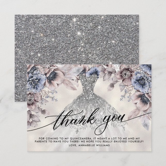 Silver Glitter Floral Quinceañera Thank You (Front/Back)