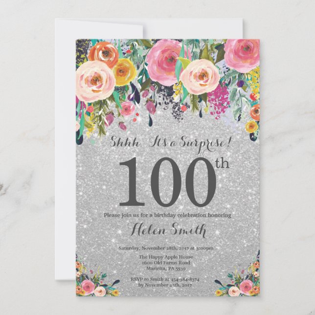 Silver Glitter Floral Surprise 100th Birthday Invitation (Front)