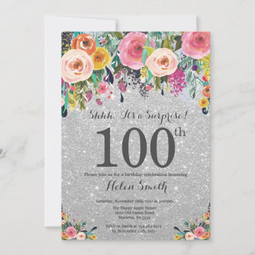 Silver Glitter Floral Surprise 100th Birthday Invitation