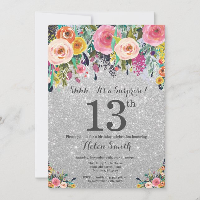 Silver Glitter Floral Surprise 13th Birthday Invitation (Front)