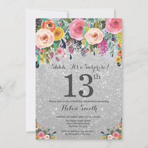 Silver Glitter Floral Surprise 13th Birthday Invitation