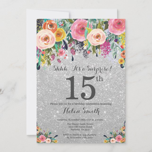 Silver Glitter Floral Surprise 15th Birthday Invitation (Front)