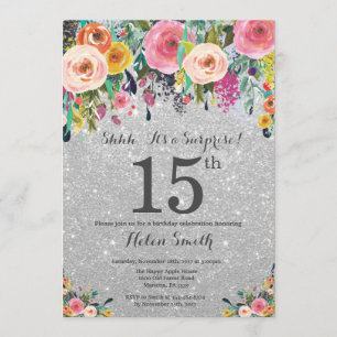 Silver Glitter Floral Surprise 15th Birthday Invitation