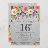 Silver Glitter Floral Surprise 16th Birthday Invitation (Front/Back)