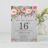 Silver Glitter Floral Surprise 16th Birthday Invitation (Standing Front)