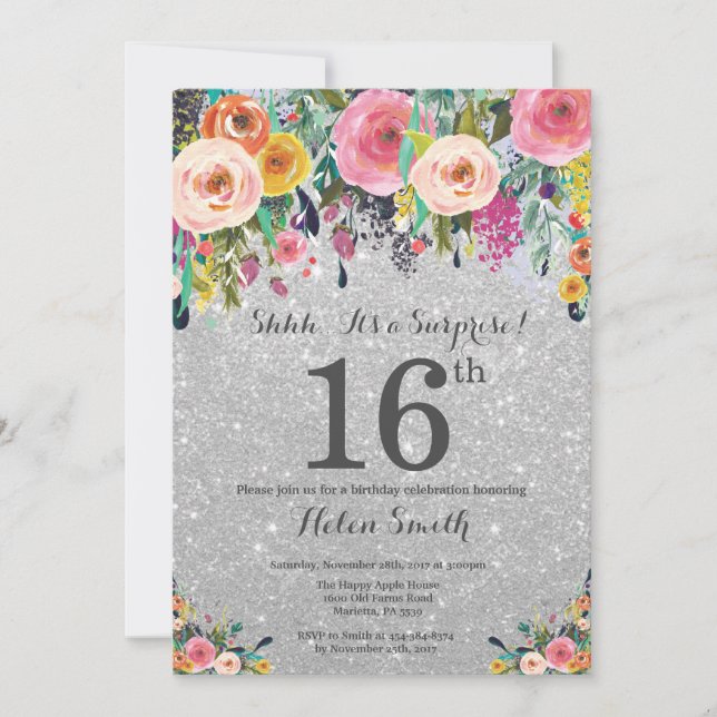 Silver Glitter Floral Surprise 16th Birthday Invitation (Front)