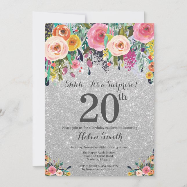 Silver Glitter Floral Surprise 20th Birthday Invitation (Front)