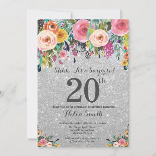Silver Glitter Floral Surprise 20th Birthday Invitation