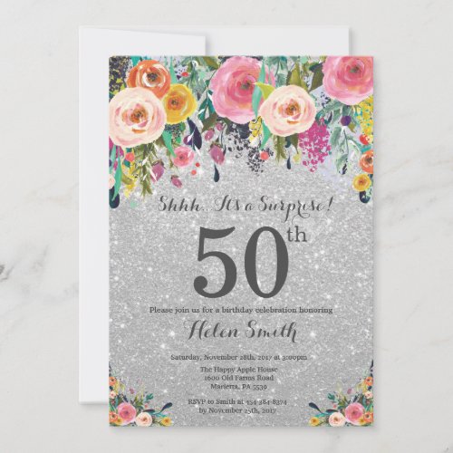 Silver Glitter Floral Surprise 50th Birthday Invitation