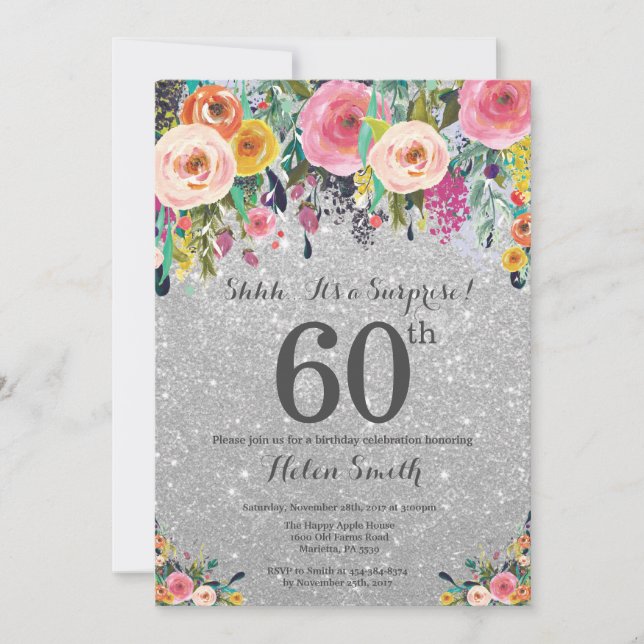 Silver Glitter Floral Surprise 60th Birthday Invitation (Front)