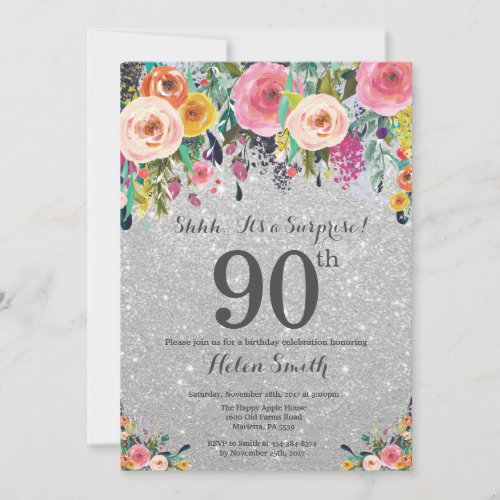 Silver Glitter Floral Surprise 90th Birthday Invitation