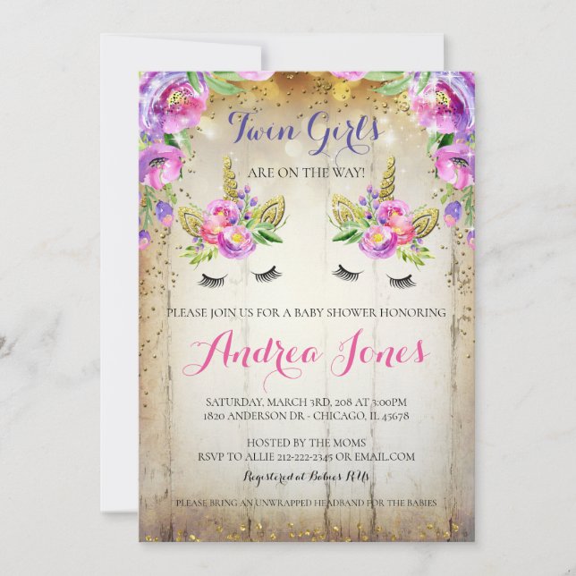Silver Glitter Floral Unicorn Baby Shower Invite (Front)