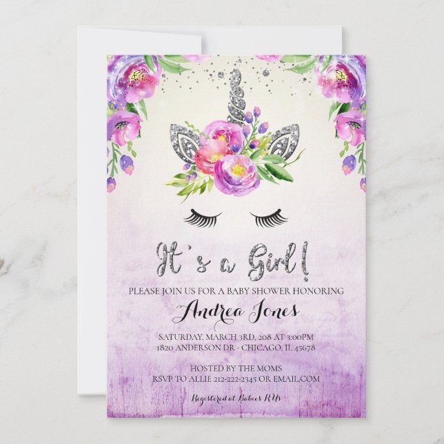 Silver Glitter Floral Unicorn Baby Shower Invite (Front)