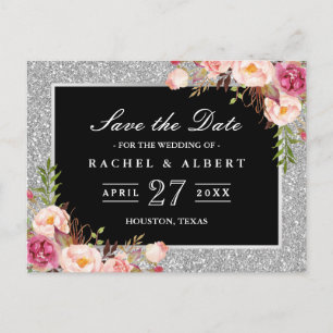 Silver Glitter Floral Wedding Save the Date Announcement Postcard