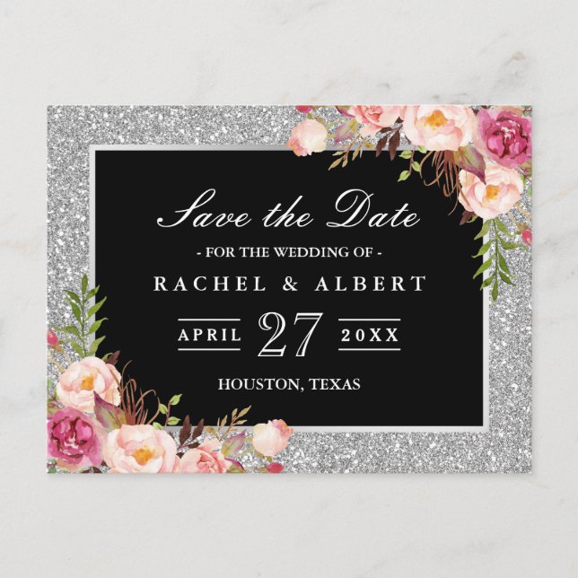 Silver Glitter Floral Wedding Save the Date Announcement Postcard (Front)