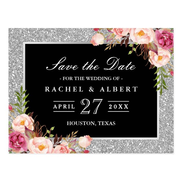 Silver Glitter Floral Wedding Save The Date Postcard