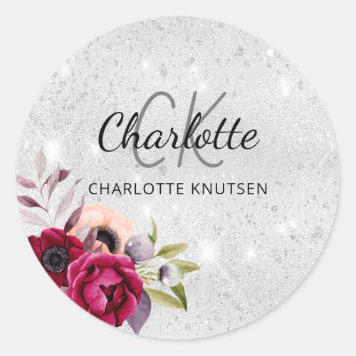 Silver glitter florals burgundy monogram name classic round sticker