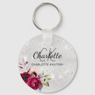 Silver glitter flowers burgundy monogram keychain