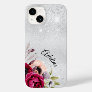 Silver glitter flowers burgundy name Case-Mate iPhone 14 case