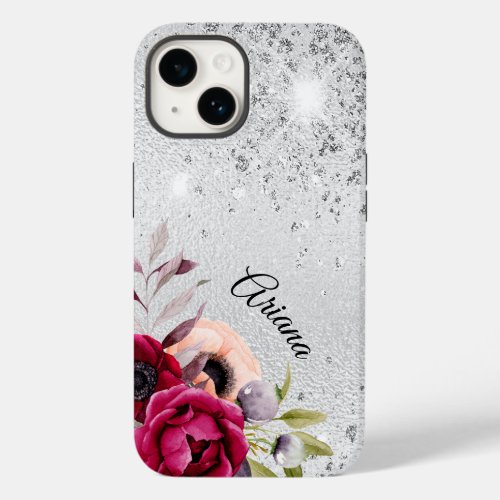 Silver glitter flowers burgundy name Case_Mate iPhone 14 case