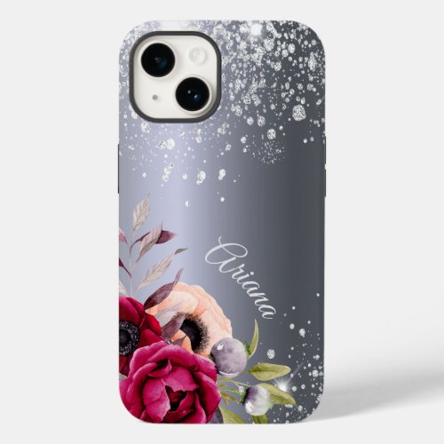 Silver glitter flowers burgundy name Case_Mate iPhone 14 case