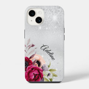 Silver glitter flowers burgundy name iPhone 14 case