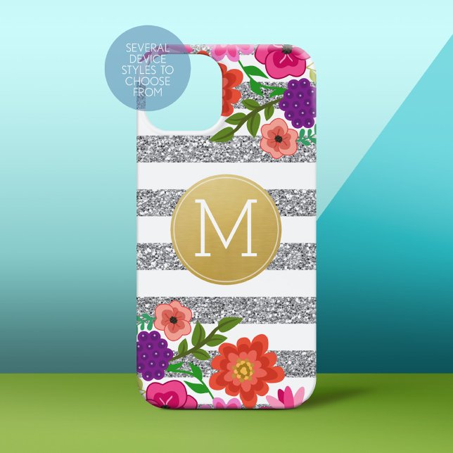 Silver Glitter, Flowers, Stripes, Gold Monogram Case-Mate iPhone Case (Personalized Phone Case)