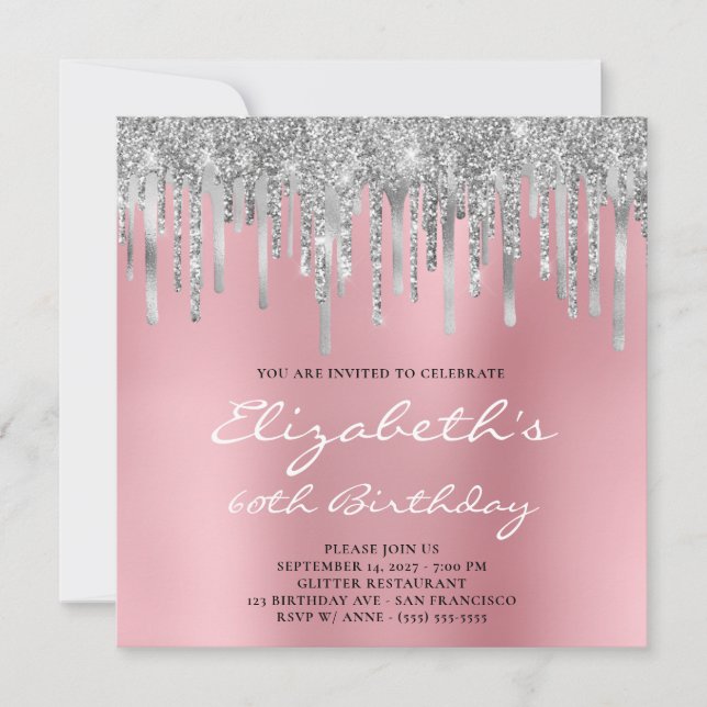 Silver Glitter Foil Drips Pink Ombre 60th Birthday Invitation (Front)