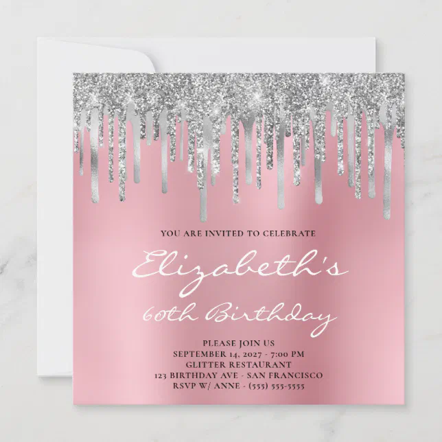 Silver Glitter Foil Drips Pink Ombre 60th Birthday Invitation Zazzle