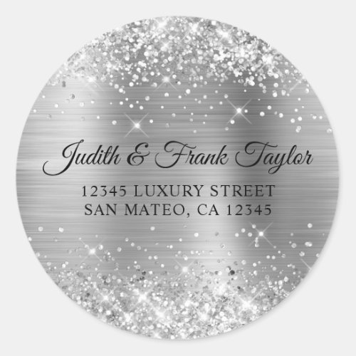 Silver Glitter Foil Return Address Classic Round Sticker