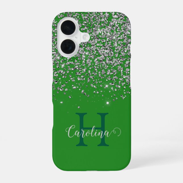 Silver Glitter, Forest Green, Personalized. Iphone Case (Back)