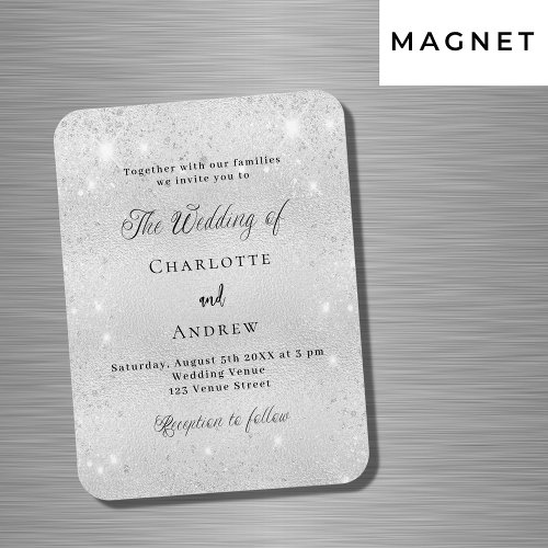 Silver glitter formal luxury wedding invitation magnet
