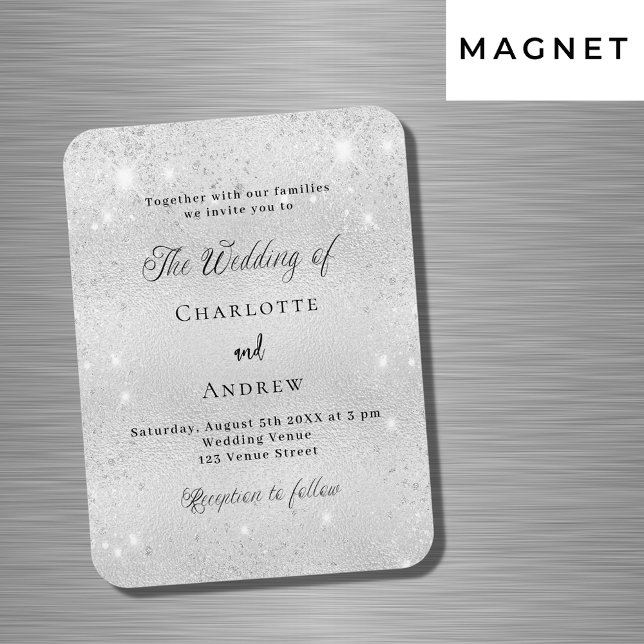 Silver glitter formal luxury wedding invitation magnet (Creator Uploaded)