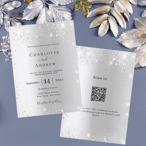 Silver glitter formal QR code RSVP details wedding Invitation