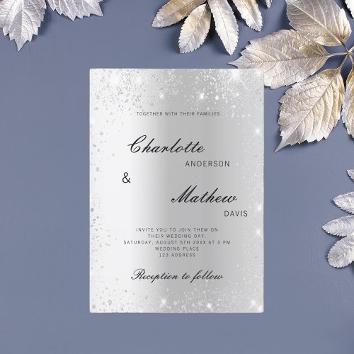 Silver glitter formal script wedding invitation