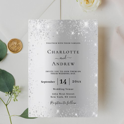 Silver glitter formal wedding invitation