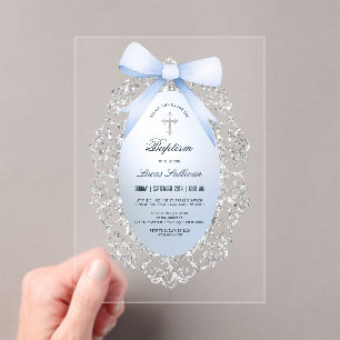 Silver Glitter Frame Blue Bow Baptism Acrylic Invitations