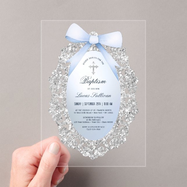 Silver Glitter Frame Blue Bow Baptism Acrylic Invitations (Insitu (Handheld))