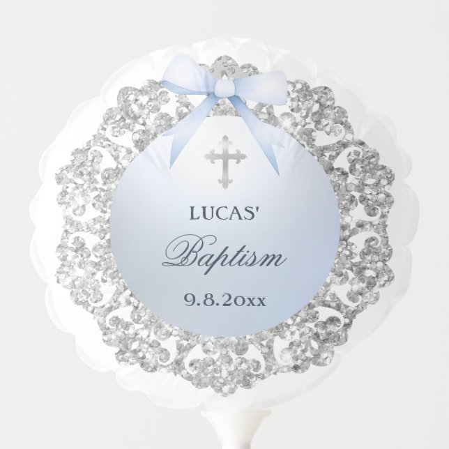 Silver Glitter Frame Blue Bow Baptism Balloon (Front)