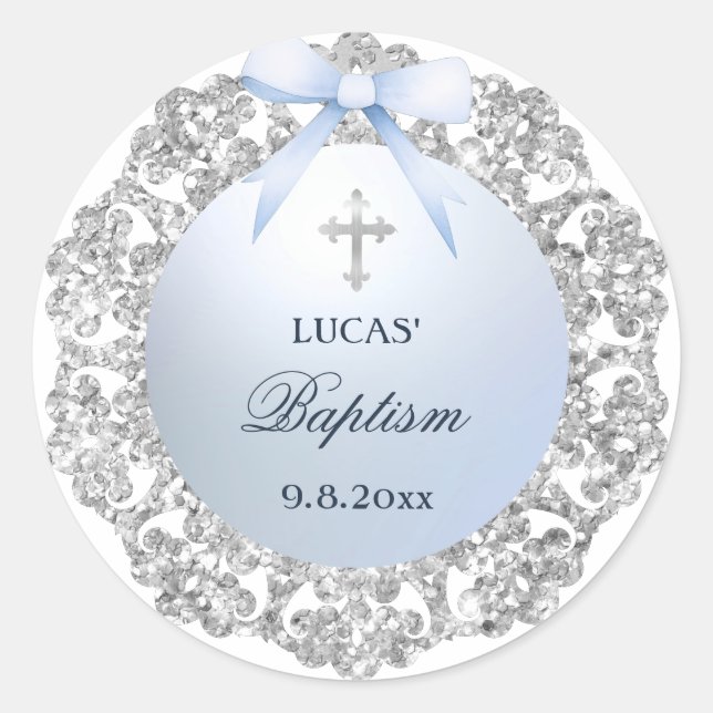 Silver Glitter Frame Blue Bow Baptism Classic Round Sticker (Front)