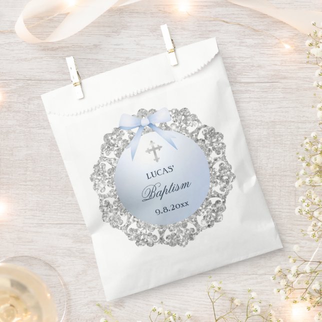 Silver Glitter Frame Blue Bow Baptism Favor Bag (Clipped)