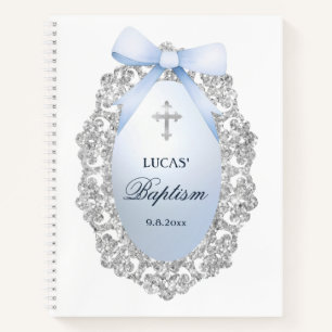 Silver Glitter Frame Blue Bow Baptism Guest Book