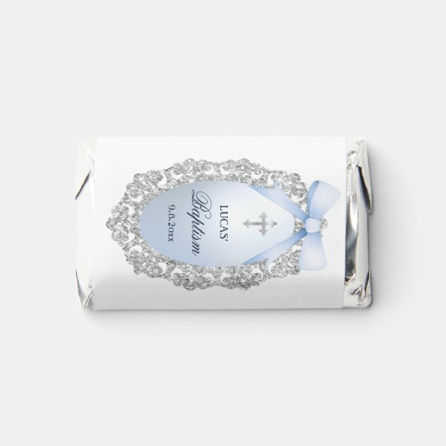 Silver Glitter Frame Blue Bow Baptism Hershey's Miniatures (Front)