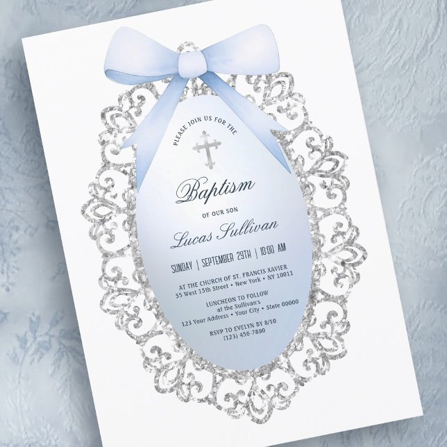 Silver Glitter Frame Blue Bow Baptism Invitation (Creator Uploaded)