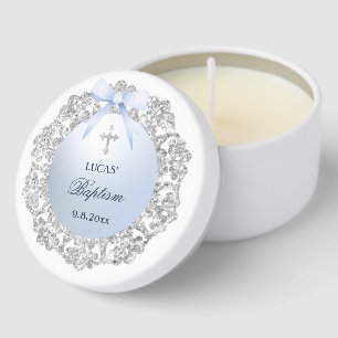 Silver Glitter Frame Blue Bow Baptism Mini Candle Favors