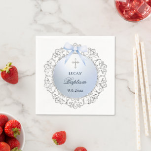Silver Glitter Frame Blue Bow Baptism Napkins