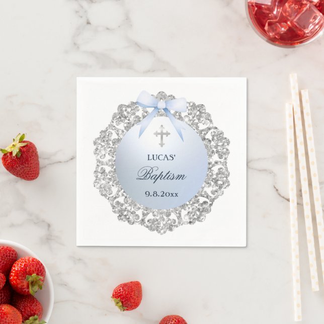 Silver Glitter Frame Blue Bow Baptism Napkins (Insitu)