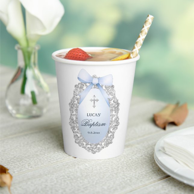 Silver Glitter Frame Blue Bow Baptism Paper Cups (Insitu)